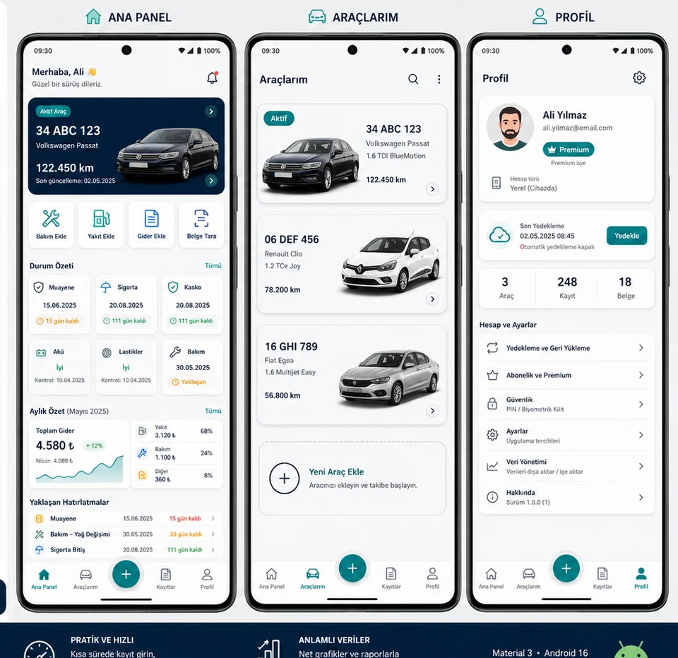 Araç Bakım Kaydı ana panel, araçlar ve profil ekranları